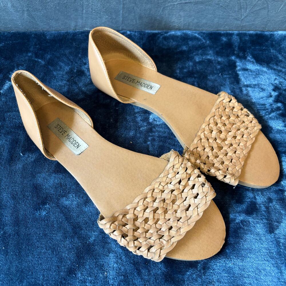 Steve Madden Tan Leather Woven Sandals Women’s 9M Boho Coastal Flats